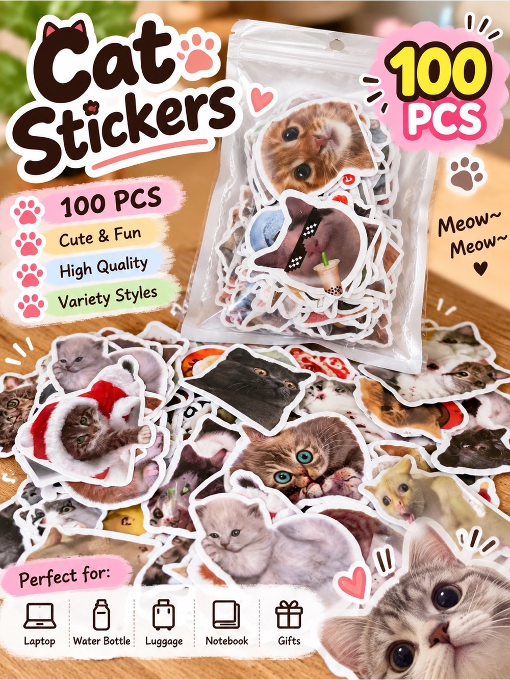 3 Packs Total 300 Pcs Cat Stickers Pack - Cute Cat Sticker Set, Multi-Color